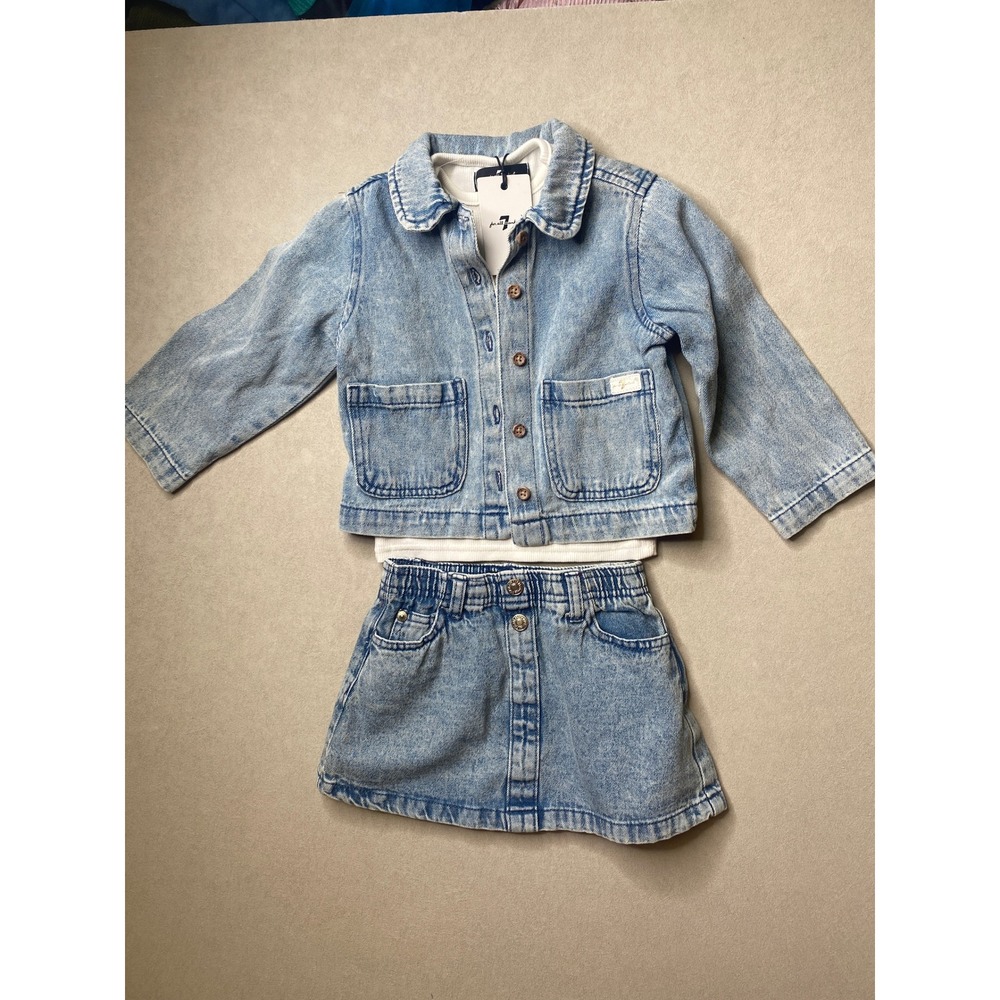 7 For All Mankind Girls 3PC Denim Jacket Skirt and Top Set Light Wash 24M NWT